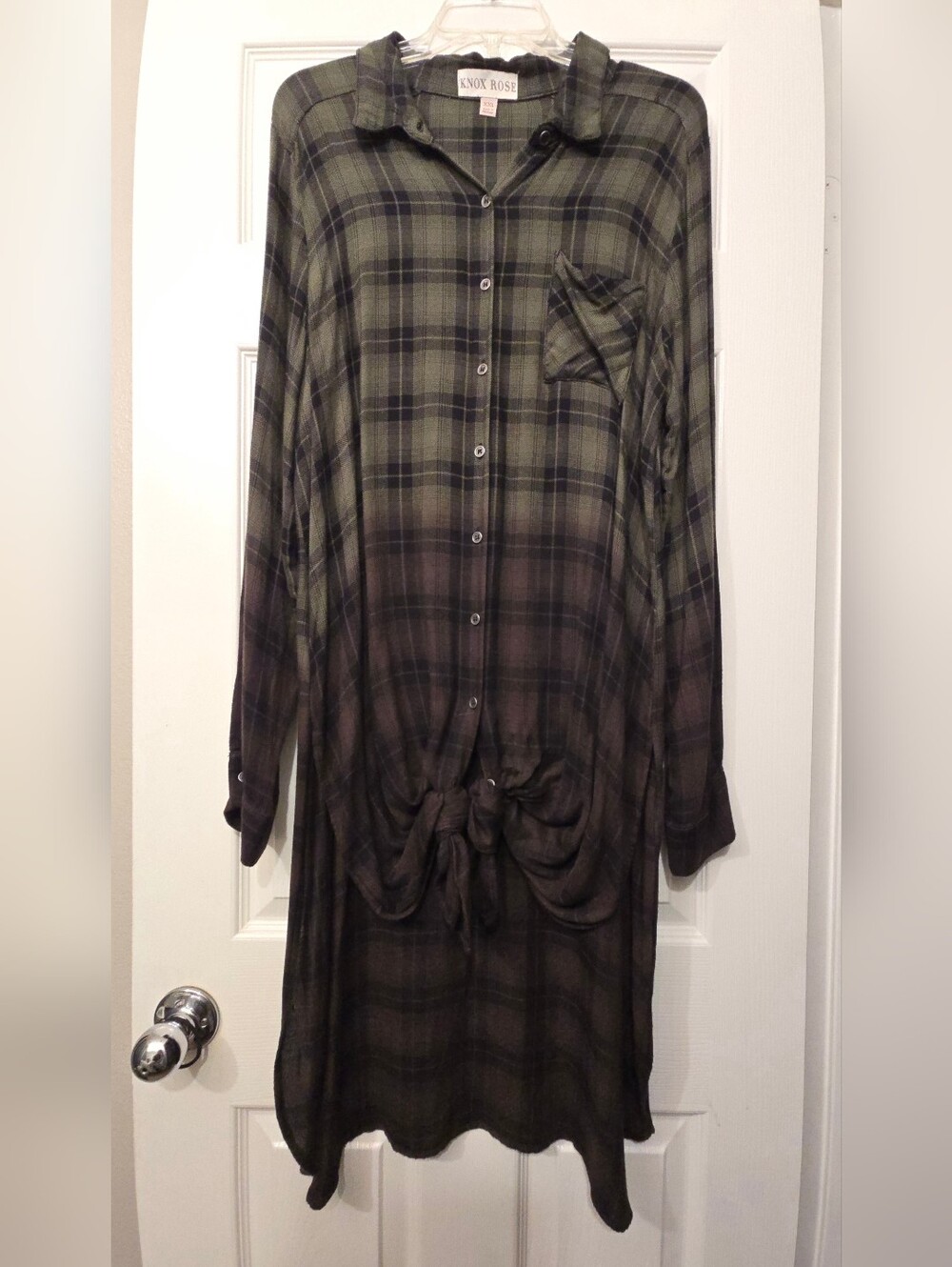 Knox Rose Olive and Black Plaid Tie-Front Shirt